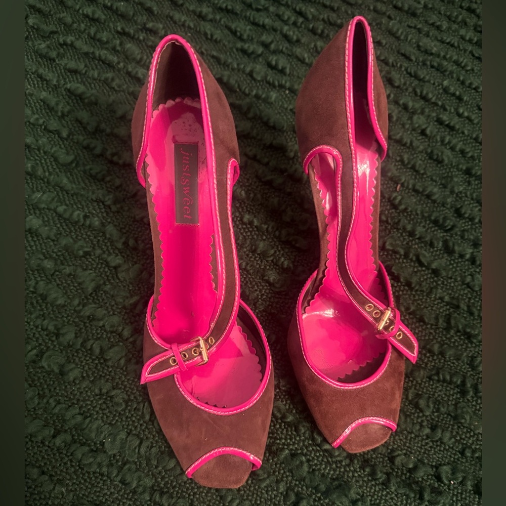 Women's Brown and Pink Suede Peep Toe Heels
